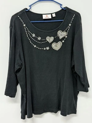 Quacker Factory Sweater Jeweled Heart Necklace Embellished Top Black Size 1X - Image 1 of 4