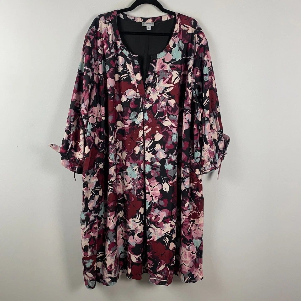 Vestido Café Catherines Manga Corbata Talla 5X Pintado Floral Bolsillos Mangas 3/4 Foto 1 de 4