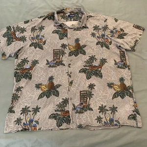 Basic Editions Shirt Mens 3XL Gray Hawaiian Pineapple Car Print Button Up Casual - Picture 1 of 6