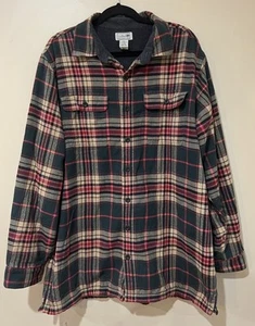 LL Bean Shirt Shacket Sz L Tall Green Red Tartan Plaid Fleece Lined Flannel - Picture 1 of 7