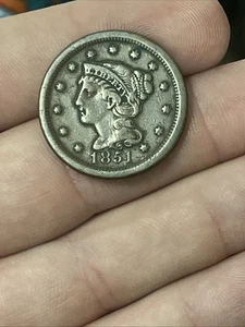 1851 Large Cent Braided Hair DEFACED "ONE C*NT" 1c US Antique Copper Penny Coin - Picture 1 of 2