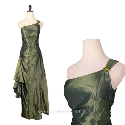 Vintage Rubin Prom Dress Maxi Gown 2 Green Y2K Ruffle Fairy Glam One Shoulder  - Image 1 of 4