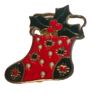 Vintage Christmas Stocking Brooch Holiday Sock Holly Berries Patchwork Metal Pin - Picture 1 of 2