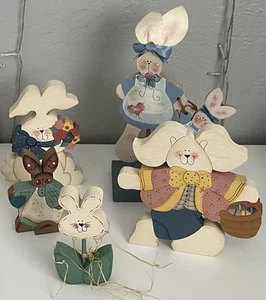 Vintage 90’er 5 handgefertigte Ostern Massivholz Hasen Deko freistehend Americana - Bild 1 von 14