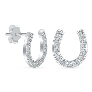 925 Sterling Silver Pave CZ Lucky Horseshoe Stud Earrings for Women  Teen 10 MM - Picture 1 of 7