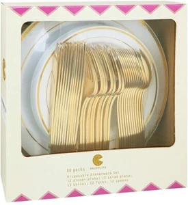 60 Piece Party Gold Plates Gold Silverware Wedding Birthday Xmas - Picture 1 of 5