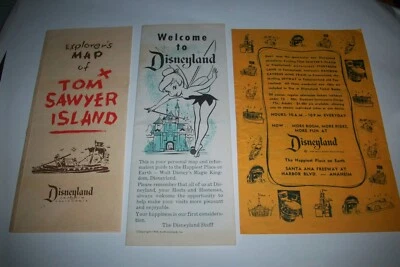 Disneyland 1956 lote efímero Campanilla folleto de bienvenida y mapa mapa Tom Sawyer mapa + Foto 1 de 4