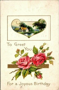 To Greet you for a joyous Birthday roses farm house postcard embossed 1910 - Picture 1 of 2