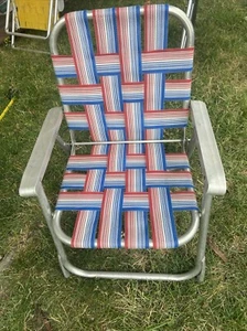 Vintage Kid Folding Chair Beach Lawn Deck Pool Webbed Aluminum Red White Blue - Picture 1 of 9