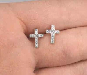14k White Gold Plated 1.60Ct Round Simulated Diamond Ladies Cross Earring - Picture 1 of 5