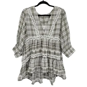 Túnica Free People Top Encaje en Niveles Volantes Manga Puff Gran Tamaño a Cuadros Gris Talla XS - Imagen 1 de 10