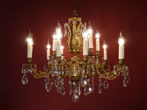 FINE 15 LIGHT BRASS CRYSTAL GLASS CHANDELIER VINTAGE LAMP OLD  Ø 31" Cover