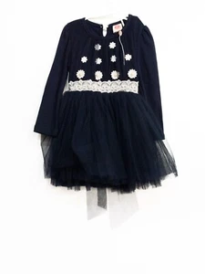 YY Girls Navy Blue White Cotton Tutu Dress Floral Lace Round Neck Long Sleeve 9 - Picture 1 of 6