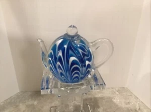 Hand Blown Art Glass Paperweight Tea Pot Blue Swirl - Picture 1 of 3