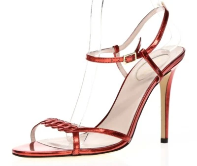 Sandalias de tacón ajustadas con hebillas de cuero metálico rojo SJP para mujer talla 9 Foto 1 de 4