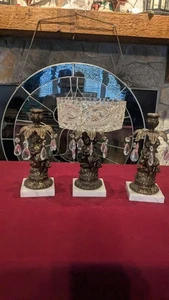 Vintage Cherub Brass Set Marble Base 10" + 11" Teardrop Hanging Crystals Italy - Picture 1 of 12