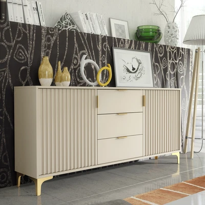 140cm Cashmere Sideboard – Fluted Fronts, 2 Doors, 3 Drawers Gold Legs & Handles - Image 1 of 4