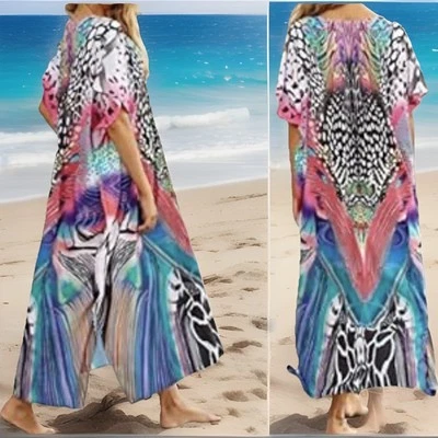 Boho Multicolor Estampado Traje de Baño Body Wrap Kaftan Sarong Kimono Ropa de Playa Vestido Foto 1 de 4