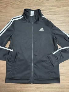 Adidas Full Zip Iconic Logo Jacket Black 3 Stripe Kids 16/18 - Picture 1 of 5