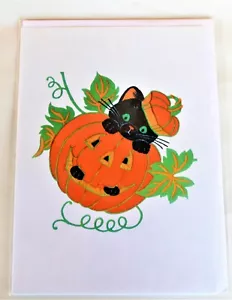 NEU Halloween Karte von Flying Elephant Vintage Bild schwarzes Kätzchen Jack O'Lantern - Bild 1 von 5