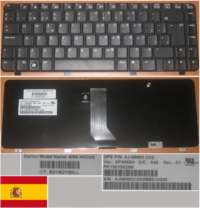 Keyboard qwerty Spanish HP 500 510 520 NSK-H5C0S 9J.N8682.C0S PK1301002N0 Black - Image 1 of 1