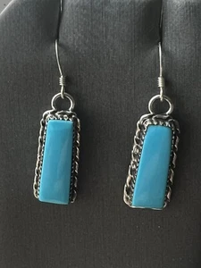 Blue Turquoise Rectangular Earrings Navajo Avin Joe Sterling Silver Post E3238 - Picture 1 of 4