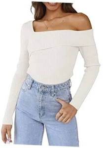Womens Off The Shoulder Going Out Sweaters Fall Sexy Cute Trendy Small White - Picture 1 of 7