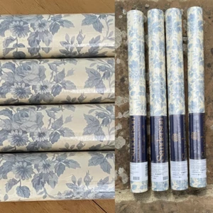 Papel Pintado SANDERSON "Aspecto Vidrio" - Patrón Floral Azul y Crema - 4 Rollos -NUEVO - Imagen 1 de 3