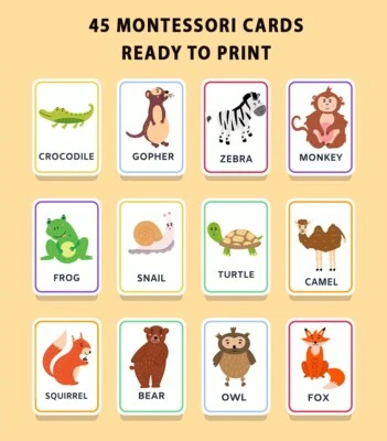 Druckbare 45 Tiere Flash Karten-Montessori-inspiriert 45 Karten Set für Vorschule - Bild 1 von 4