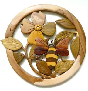 Abeja Cornejo Flor Intarsia Madera Arte de Pared Decoración del Hogar Placa Lodge Nuevo - Imagen 1 de 1