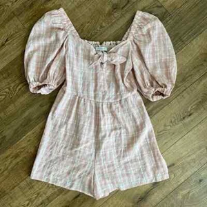 NWT Topshop Pink White Plaid Short Puff Sleeve Romper Smocked Back Womens 4 - Picture 1 of 5