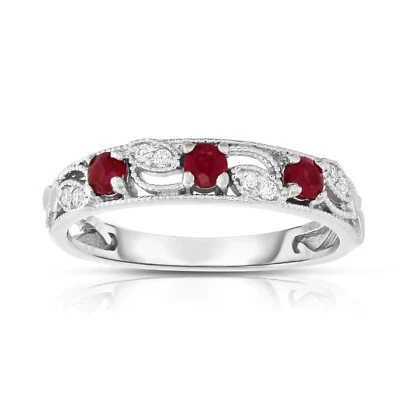 14K Solid Gold Natural Ruby and Diamond Band Ring  also in Yellow or Rose Gold - Image 1 of 4