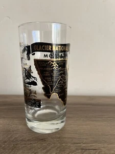 Vintage Glacier National Park Souvenir drinking glass black gold Montana 70s 6" - Picture 1 of 10