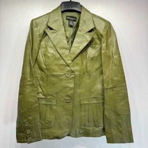 Vintage Y2K Echtleder olivgrün Blazer Jacke von Metrostyle Knopfleiste - Bild 1 von 9