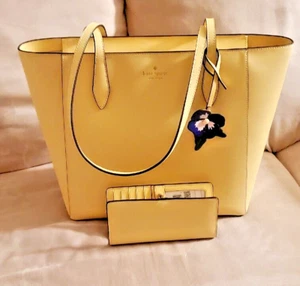 New! Kate Spade Dana Large Yellow Flower Charm Top Zip Tote plus Wallet - Picture 1 of 6