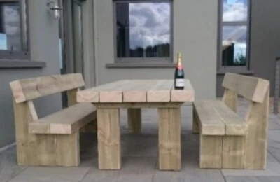 RUSTIC Solid Wooden Sleeper Outside Table And Benches /Brown - Image 1 of 4