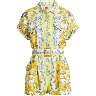 Farm Rio Womens Yellow Floral Button Front Sicily Linen Belted Romper Small NWOT - Image 1 of 4