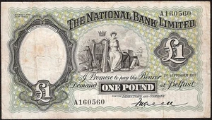 NORTHERN IRELAND  1 Pound  1937  P:155  VF  The National Bank Limited - Picture 1 of 2