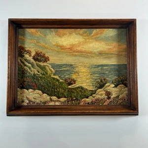 Sonnenuntergang Küste Ölgemälde mit antiker Patina. Blumenlandschaft am Meer - Bild 1 von 12