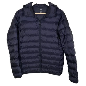 Uniqlo Ultra Light Down Coat Size Small Blue Hooded Full Zip Packable Puffer - Picture 1 of 6