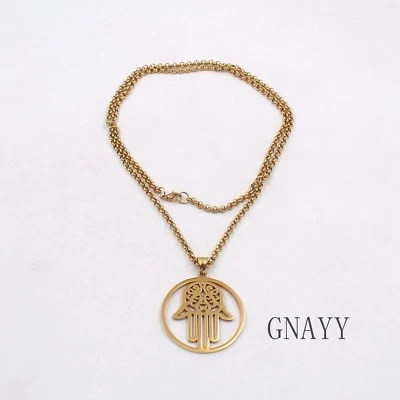 Hand von Fatima Edelstahl Halskette Gold Anhänger Runde Kette Charm 24 Zoll - Bild 1 von 4