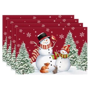 Christmas Red Snowman Placemats Set of 4, 12x18 Inch Winter Snow and Xmas Tre... - Picture 1 of 6