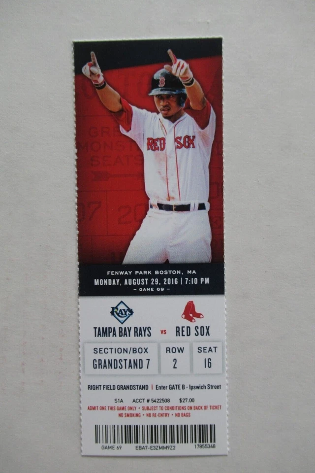 BOSTON RED SOX VS TAMPA BAY RAYS 8/29/2016 FULL TICKET ~ MOOKIE BETTS HR - Image 1 of 1
