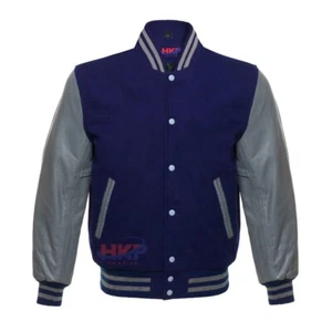Baseball Varsity Letterman Bomber Navy Wool & Genuine Gray Leather Sleeves - Picture 1 of 2