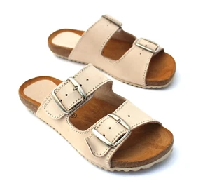 Blu Echtleder Pantoletten Damen Sandalen Hausschuhe Bio Fußbett Korksohle beige - Bild 1 von 5