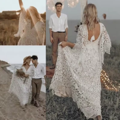 Flare Sleeve crochet Lace Wedding Dresses Boho GYPSY V-Neck beach bohemian Brida - Image 1 of 4