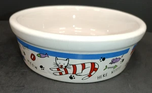 Katzennapf Schale Steingut Keramik 5" breit weiß mit blauem Streifen Katze "Hier Kätzchen!" - Bild 1 von 9