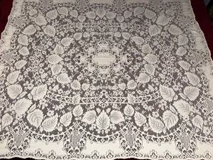 Tovaglia vintage in pizzo quacchero 63"x 56" Picot bordo ad anello avorio tovaglia foglie - Foto 1 di 8