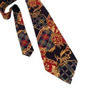 CRISTALDI Silk Neck Tie Vtg Baroque Crest Red Gold Black Greek 90s Print Spot - Picture 1 of 17