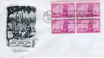 1953 FDC 300th Anniversary New York City  ArtMaster Block of 4 ST3455 - Image 1 of 3